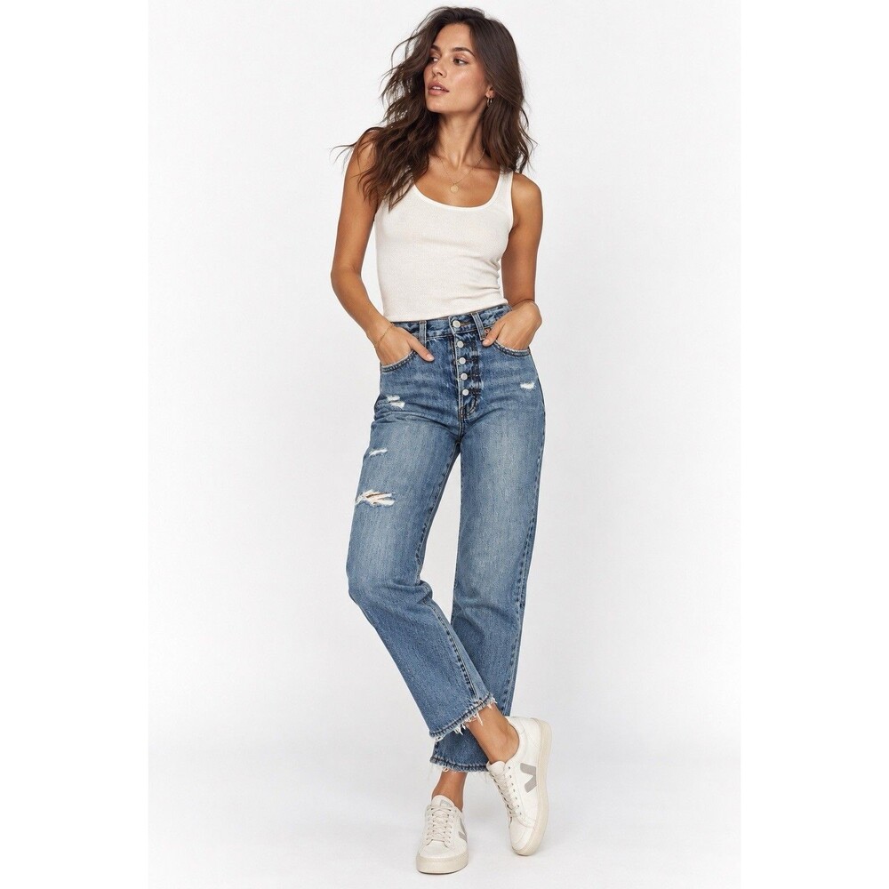 Pistola Distressed High Rise Button Fly Straight Leg Jeans Size 25 Medium Wash